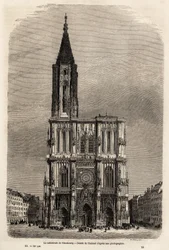 Fasada katedry w Strasburgu, rysunek Theronda, ilustrujący podróż Victora Duruya z Paryża do Bukaresztu w 1860 roku. Rycina w „Le tour du monde”” 1861. Kolekcja Selvy.