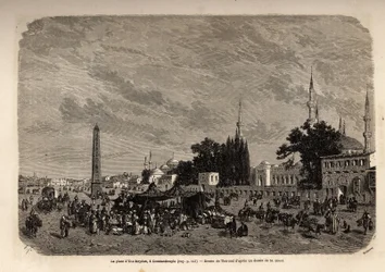 Plac Ett Meydan, Konstantynopol (dzisiejszy Istambuł, Turcja), rysunek Theronda, ilustrujący studium tureckich kobiet z 1862 r., wykonane przez F.Jerusalemy. Grawerowanie w „”Le tour du monde””, pod redakcją Edouarda Chartona