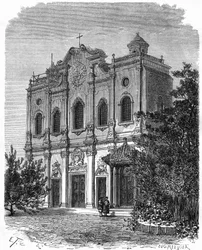 Widok na fasadę katedry w Nantang, zbudowanej na miejscu domu Matteo Ricciego (1552-1610), ojca katolicyzmu w Chinach. Grawerowanie według rysunku Theronda, w „”Le Tour du Monde, Nouveau journal des Voyages””, pod redakcją Edouarda Charta