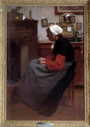Proste serce Stary wieśniak śpi na krześle w rustykalnym wnętrzu. Obraz Emile Troncy (1859-1943). Paryż, Palais du Luxembourg DR