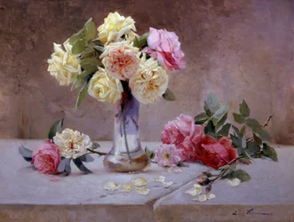 Martwa natura z różowych i żółtych róż. Obraz autorstwa Emile Vernon (1872-1919) Prywatna kolekcja.