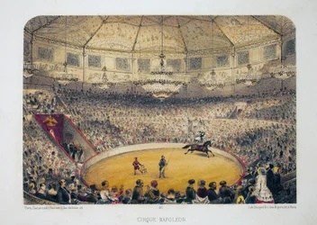 Cirque Napoleon (obecny cyrk zimowy, rue Amelot, Paryż). Litografia akwarela, ilustracja E.de la Tramblaiz, w „Albumie, pamiątki z Paryża”, redaktor Daziaro, Paryż