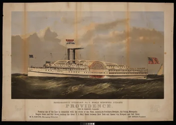 Znany na całym świecie parowiec Narragansett Steamship Co. o nazwie Providence Benj M Simmons. Dowódca... (litografia)