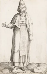 Talerz kostiumowy: Hispana Rustica z etykietą na skale, ca. 1557-58.
