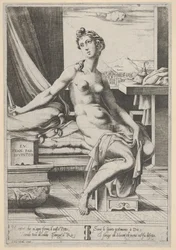 Lukrecja naga i siedząca przed oknem ze sztyletem w prawej ręce i trzymająca d..., ca. 1535-67.