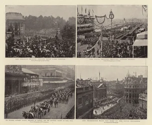 Zagraniczni książęta przechodzący przez Hyde Park Corner, sir Wilfrid Laurier, GCMG, premier Kanady i kolonialna eskorta w Pall Mall, brygada marynarki wojennej przekraczająca London Bridge, procesja z dachu