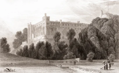 Widok z XIX wieku na zamek Arundel, Arundel, West Sussex, Anglia. Z galerii portretów i krajobrazów Churtona, opublikowanej w 1836 r.