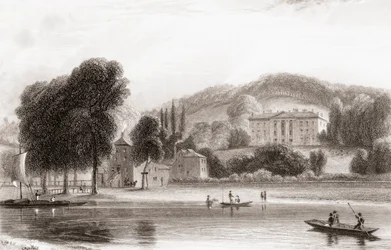 Widok z XIX wieku na Beaumont Lodge, Old Windsor, Berkshire, Anglia. Sprzedany w 1854 Towarzystwu Jezusowemu i przemianowany na Beaumont College, jezuicką szkołę publiczną. Z galerii portretów i pejzaży Churtona, opublikowanej w 1836 r.