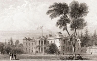 Widok z XIX wieku na Goodwood House, West Sussex, południowa Anglia. Z galerii portretów i krajobrazów Churtona, opublikowanej w 1836 r.