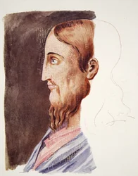 Portret Chrystusa z II wieku z rzymskich katakumb, rysunek attri. do T. Heaphy, reprodukowana w The Outline of History: będąc prostą historią życia i ludzkości autorstwa H.G. Wellsa, Londyn (kolor lit
