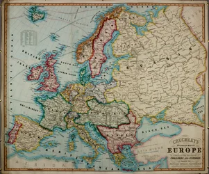 Kolorowa mapa Europy z XIX wieku, opracowana do użytku w kolegiach i szkołach.