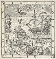 Hieroglif Wielkiej Brytanii, frontyspis do ogólnych i rzadkich pomników dotyczących doskonałej sztuki nawigacji autorstwa Johna Dee (1527-1609), 1577