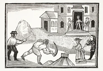 Człowiek koszący trawę kosą, która zabrała wszystko przed sobą, ilustracja z książki Chap-books of the Eighteenth Century Johna Ashtona, wyd. 1882