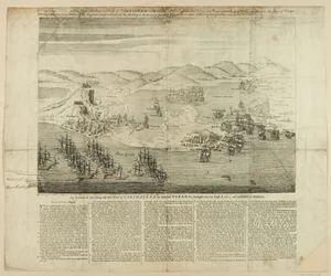 Szkic perspektywiczny miasta, portu i fortów Kartageny z 1739 r., opublikowany 1741 r. (rycina liniowa)