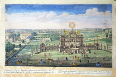 Widok perspektywiczny wspaniałej budowli wzniesionej w Zielonym Parku dla Królewskich Fajerwerków, 1749