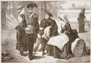 Protestancki robotnik z Meaux czytający Pismo Święte swoim przyjaciołom, ilustracja z Historii protestantyzmu autorstwa Jamesa Aitkena Wylie (1808-1890), wyd. 1878