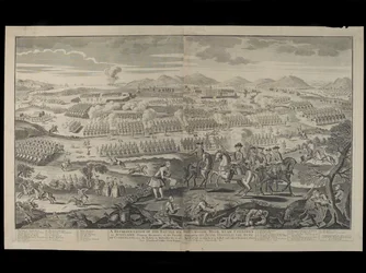 Przedstawienie bitwy na Drumossie Moor w pobliżu Culloden w Szkocji, 16 kwietnia 1746, opublikowane przez Henry