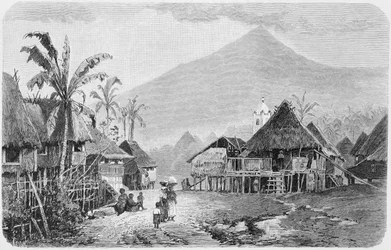 Wioska tagalska, Luzon na Filipinach, z „Historii ludzkości”, tom 1, autorstwa prof. Friedricha Ratzela, 1896 (rycina)
