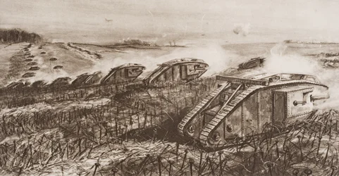 Ofensywa czołgów w Cambrai, Francja, ilustracja z "Zarysu historii" H.G. Wellsa, tom II, opublikowanego w 1920 r.