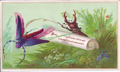 Wiktoriańska kartka bożonarodzeniowa przedstawiająca owada, jelonka i zwój, na którym znajduje się bożonarodzeniowe przesłanie, ok. 1880 r.