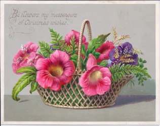 Wiktoriańska kartka bożonarodzeniowa z kwiatami w wiklinowym koszu, ok. 1880 (kolor lito)