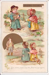 Wiktoriańska kartka świąteczna przedstawiająca dwójkę dzieci z zającem, ok.1880 r. (kolor lito)