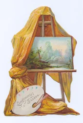 Wiktoriańska wycinana karta przedstawiająca obraz na sztaludze z zasłoną, ok. 1880 r. (litografia barwna)
