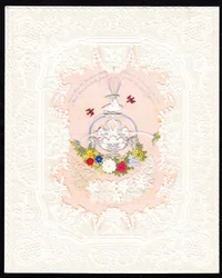 Wiktoriańska kartka walentynkowa z koronki papierowej przedstawiająca fontannę z kwiatami, ok. 1870 r. (kolorowa litografia)