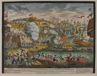 Widok zdobycia holenderskiej wyspy Curacao w Indiach Zachodnich, 1 stycznia 1807 r., opublikowany przez G. Thompsona w 1807 r. (kolorowy drzeworyt)