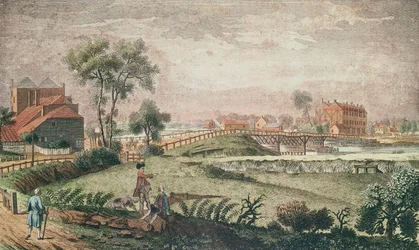 Widok z zachodu na most Chelsea, 1761 (kolor grawerowany)