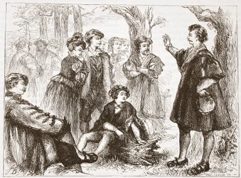 Głoszenie studenta z Witembergii na łące lipowej, ilustracja z Historii protestantyzmu Jamesa Aitkena Wyliego (1808-1890), wyd. 1878