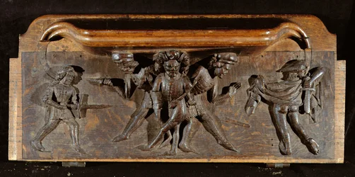 Uszkodzony mizerykorda przedstawiająca trzech mężczyzn walczących sztyletami i mieczami, New College Chapel, Oxford, koniec XIV wieku (drewno)