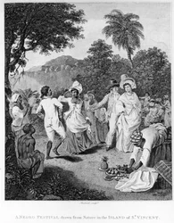 Festiwal na wyspie St. Vincent, z Historii, cywilnej i handlowej kolonii brytyjskich w Indiach Zachodnich autorstwa Bryana Edwardsa, grawerowanego przez Philippa Audineta, wydanie poprawione z 1794 roku (engr
