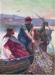 Wielki połów ryb, z książki The Bible Picture Book opublikowanej przez Thomas Nelson, ok. 1950 r. (kolorowa litografia)