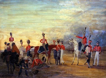 Grupa konnych i zdemontowanych oficerów i mężczyzn z Yorkshire Yeomanry w różnych rzędach ubioru, c.1820