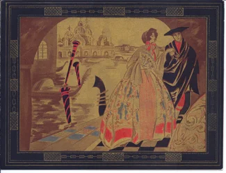 Ręcznie kolorowana francuska kartka z życzeniami Pochoir przedstawiająca scenę wenecką, około 1920