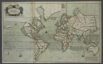 Nowa i poprawna mapa świata z atlasu morza, 1707 r. (druk ręcznie kolorowany)