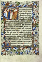 Strona z psałterza po łacinie z historycznym inicjałem przedstawiającym grupę mnichów stojących przed śpiewającą mównicą, ok. 1455