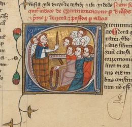 Ksiądz ekskomunikujący ludzi przez podniesienie świecy, Royal MS 6 E VII, f.75v (welin)