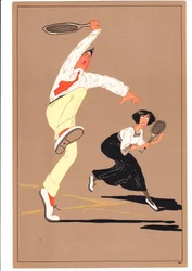 Rycina przedstawiająca dwóch tenisistów w humorystycznych i komicznych pozach, ok. 1920