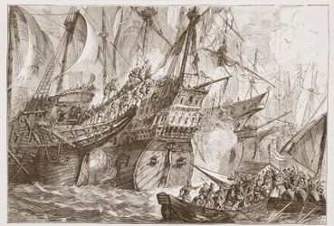 Akcja między flotą hiszpańską a statkami żebraków morskich, ilustracja z Historii protestantyzmu Jamesa Aitkena Wylie (1808-1890), wyd. 1878