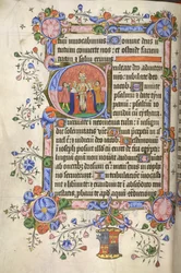 Dodać. 42131 fol.151v Początek Psalmu 80; inicjał „E”: małżeństwo Dawida i Michała, obaj koronowani, z Psałterza Bedforda i Godzin