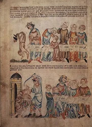 Dodaj 47682 f.21v Salome tańcząca przed Herodem i śmiercią Jana Chrzciciela, z „Biblii Holkham”, c.1320-30 (wellum)