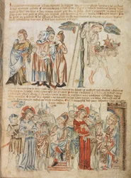 Dodać. 47682, f.30, Judasz zwraca trzydzieści srebrników; śmierć Judasza; Chrystus przed Piłatem i Herodem, z Holkham Bible Picture Book, c.1320-30 (welum)