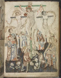Dodać. 47682, f.32, Ukrzyżowanie, z Holkham Bible Picture Book, c.1320-30 (welum)