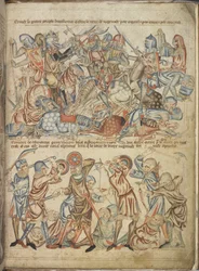 Dodaj 47682 f.40 Rówieśnicy i zwykli ludzie walczący w bitwie pod Bannockburn, z „Biblii Holkham”, ok. 1320–30 (welin)