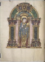 Dodać. 49598, f.97v, St Switun, Błogosławieństwo St Aethelwold, 971-984 (welum)