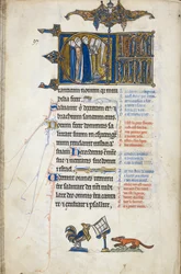 Add. 50000, f.146v Psalm 97; inicjał "C", trzech duchownych śpiewających przy pulpicie. U dołu folio kogut głoszący kazanie lisowi, z Psałterza Oscott, ok. 1265-70