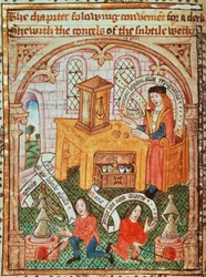Dodaj MS 10302 f.37v Mistrz alchemii przygotowujący składniki, z „The Ordinal of Alchemy” Thomasa Nortona, c.1477 (welum)