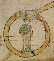 Dodaj papiery MS 47170 EGMONT. Tom. CCLI „[A] zwój napisany po łacinie i francusku z królami Anglii przedstawionymi po obu stronach przez brata Waltera de Witteliseye, mnicha z klasztoru Burgo San Pietro. Niech Bóg zmiłuje się nad jego duszą. Amen